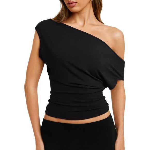 Tops - Womens 2026 Summer Cute Short Sleeve Tee Shirts Asymmetrical Cinched Waist Casua